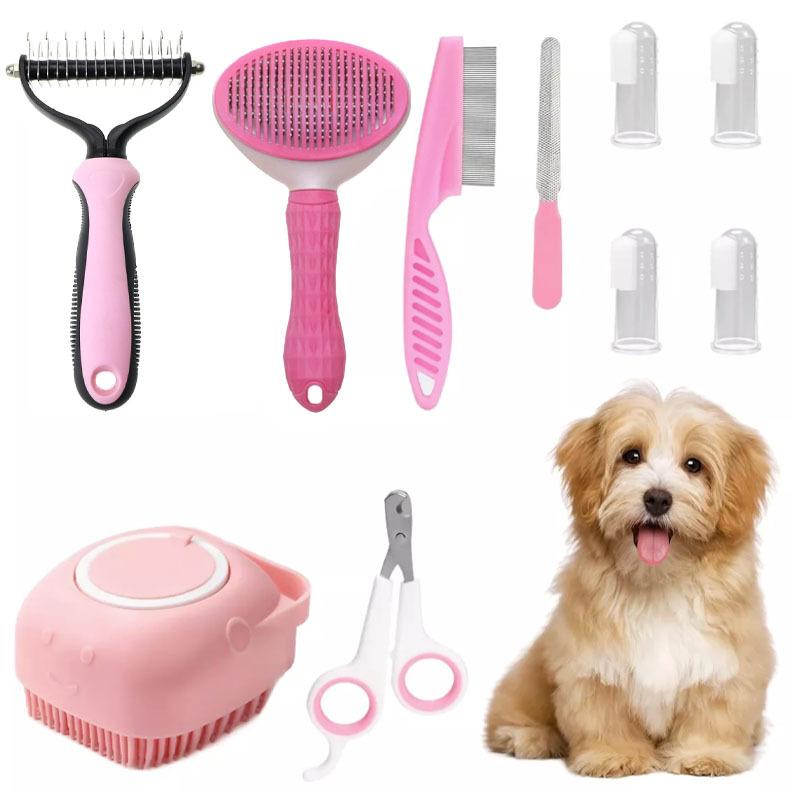10-piece Cat and Dog Brush Beauty Set, Self-cleaning Rake Brush, Nail Clipper, Flea Comb, Bath Brush, Finger Cots