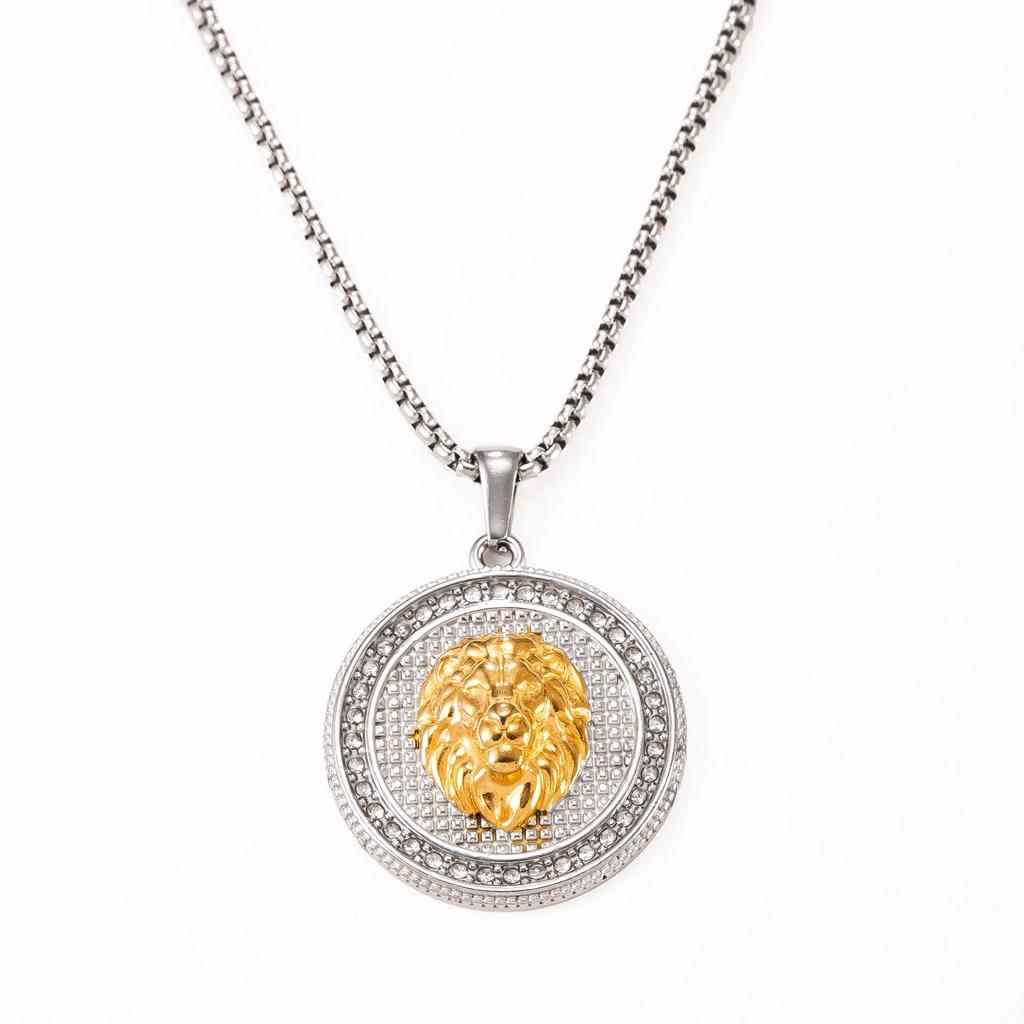 European & American Stainless Steel Necklace with Gold Inlaid Diamond Lion Wolf Pendant - Hip Hop Titanium Jewelry Set