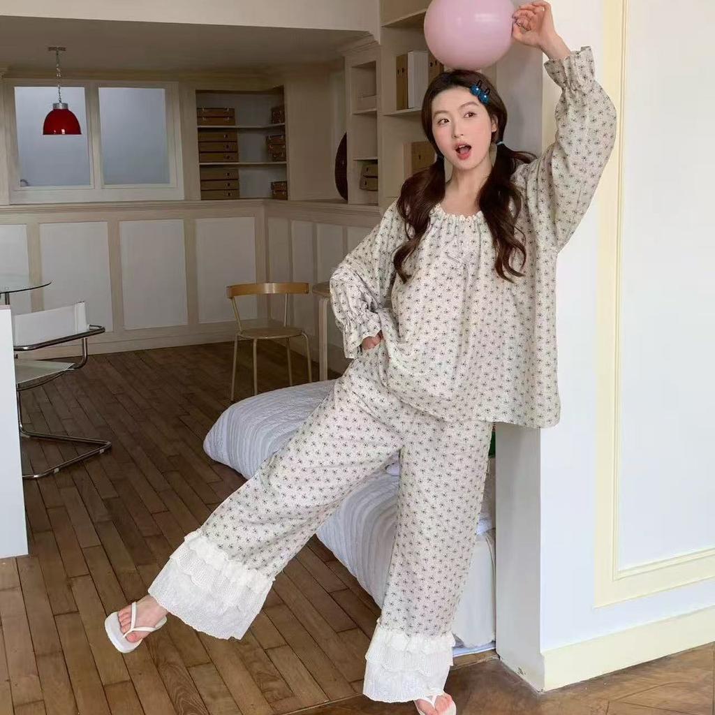 1011 new pajamas women's Korean small floral simple and comfortable lace set casual loose loungewear set