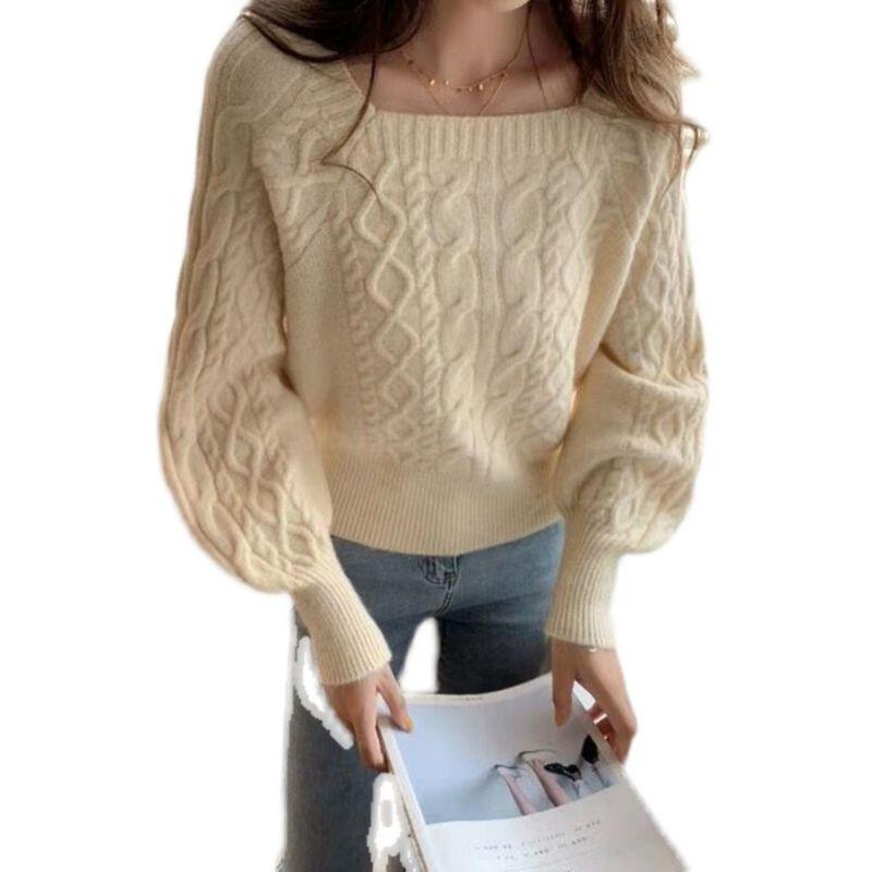 New Square Collar Retro Hemp Pattern Loose Knitwear