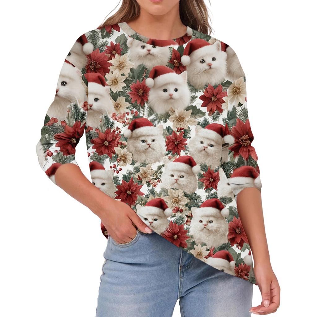 Damenmode Lässig Weihnachts-Print Rundhals Einfarbig Langarm Oberteil