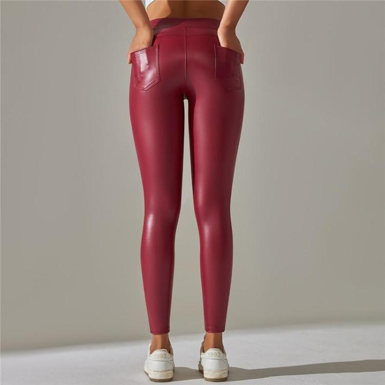 Teplé zimní PU kožené jógové kalhoty jednobarevné posilovací legíny s kapsami sportovní fitness legíny