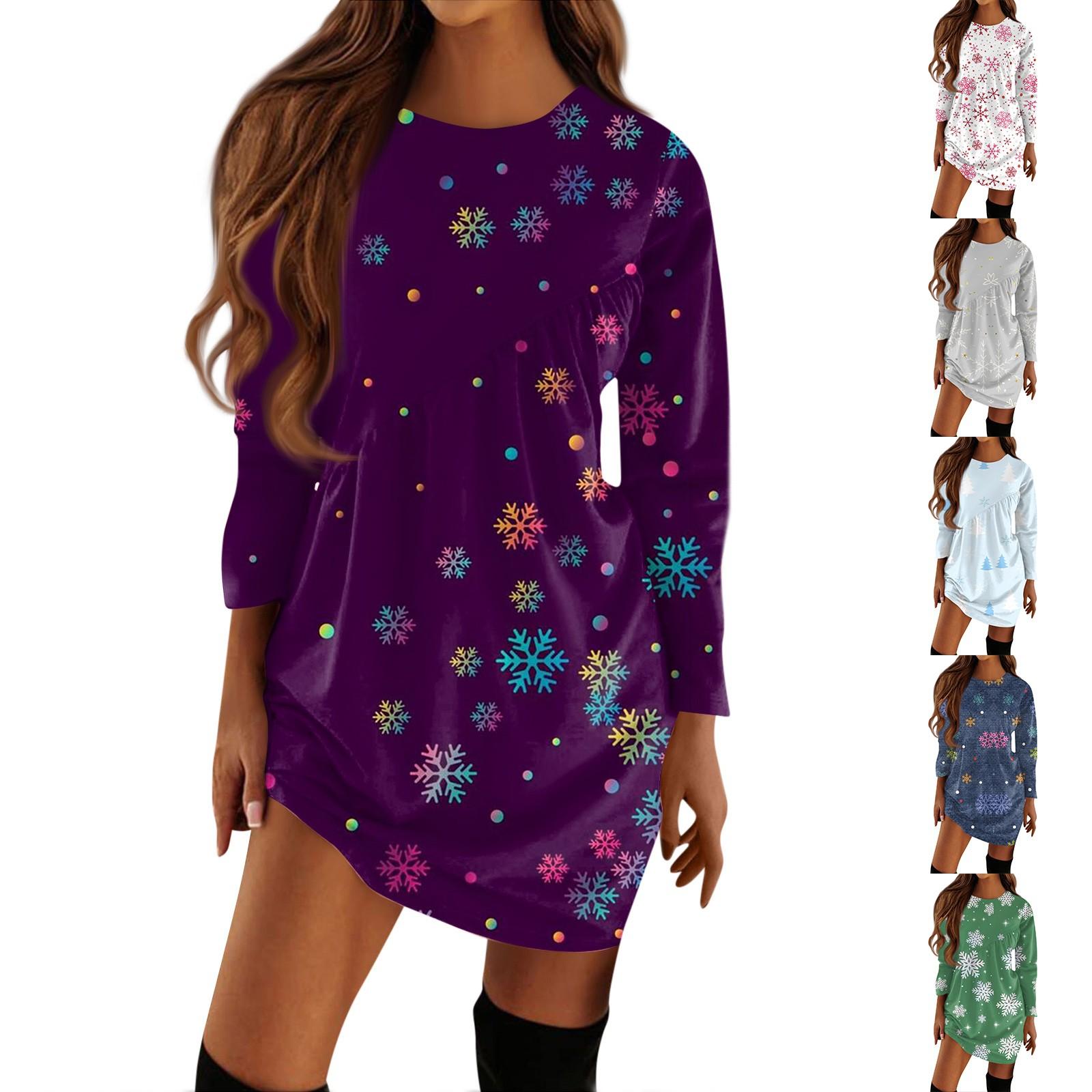 

Женские осенние и зимние новые рождественские плиссированные футболки с длинными рукавами и круглым вырезом с принтом, платья