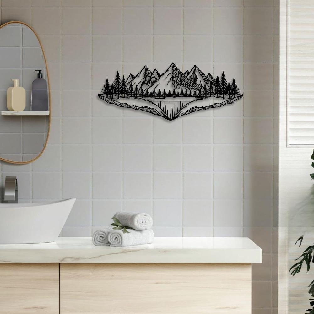 Pine Mountain Forest Metal Wall Art Black Line Decor for Living Room Bedroom Bathroom