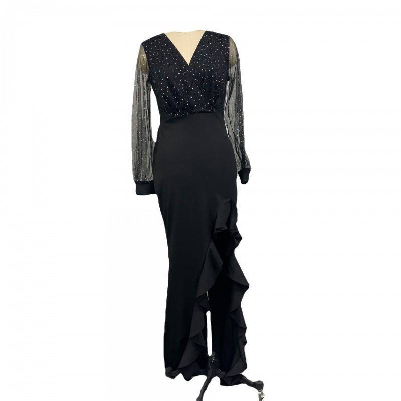 Black Mesh Sequin Wrap Dress With V-Neck Mid-Waist Fitted Silhouette Elegant Office Wear Long Skirt