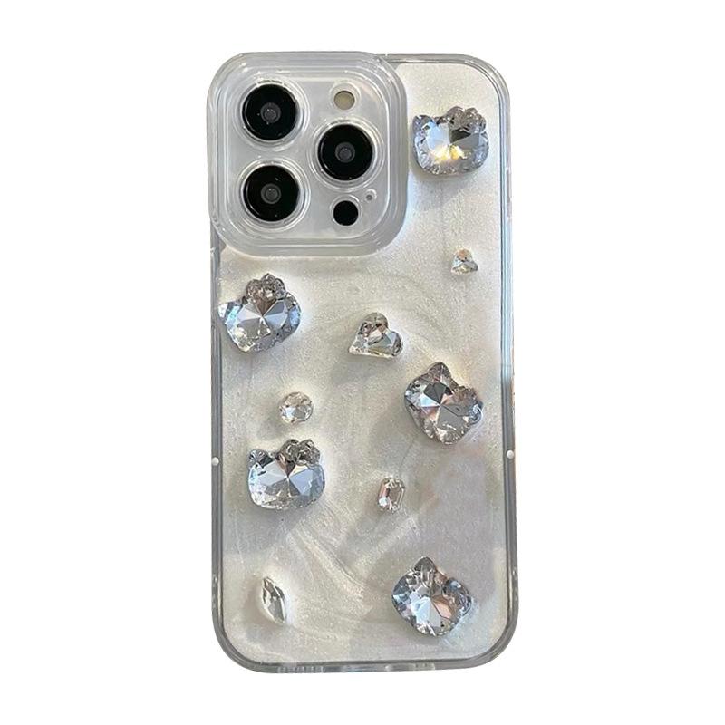 Apple 17Promax Gum Drop Hole Phone Case Is Suitable For Iphone16 Rhinestone Gemstone Cat Style Women'S Model