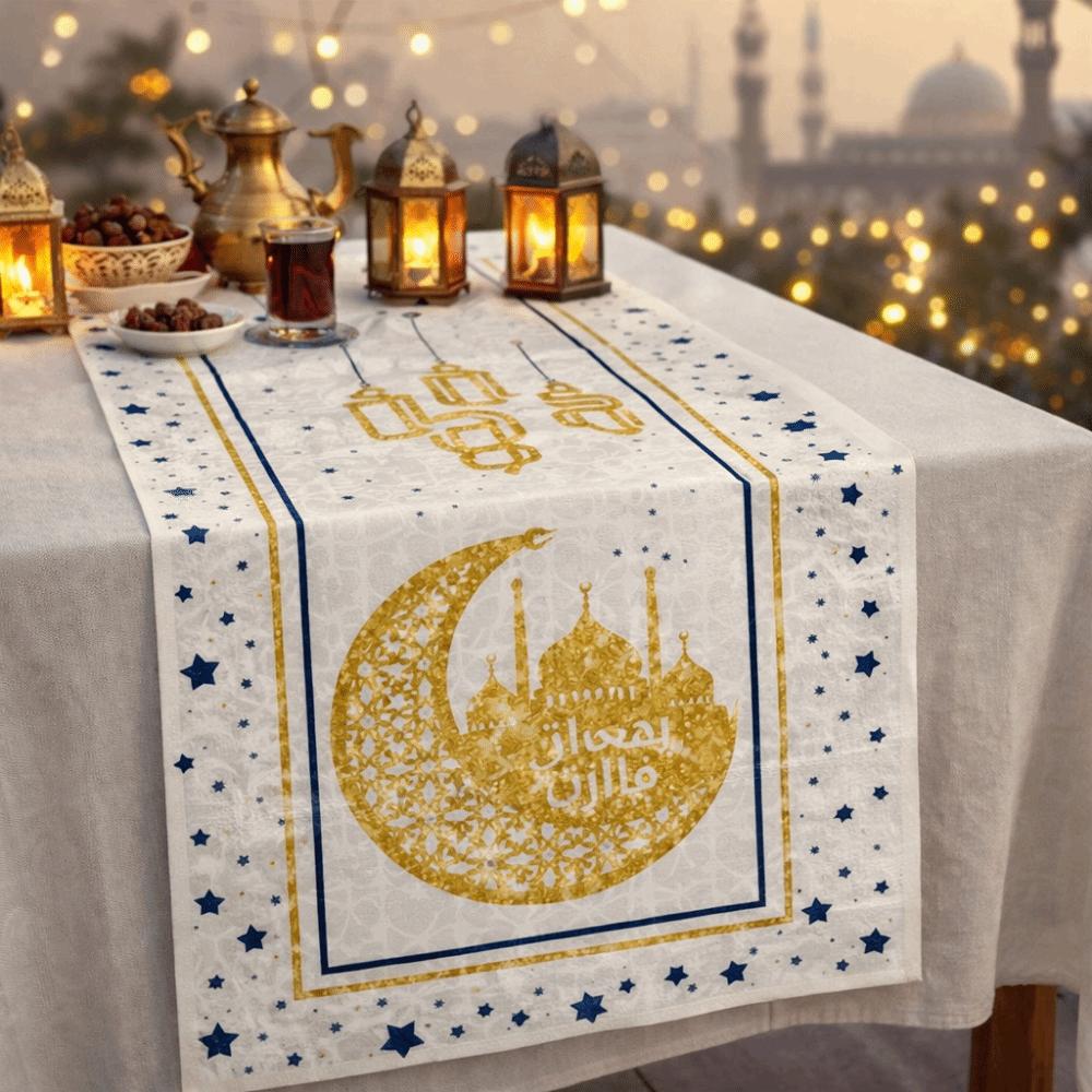 Thickened Ramadan Table Runner Vintage Decorative Star Moon Tablecloth Castle Lantern Pattern Table Cover Islamic Party Decor