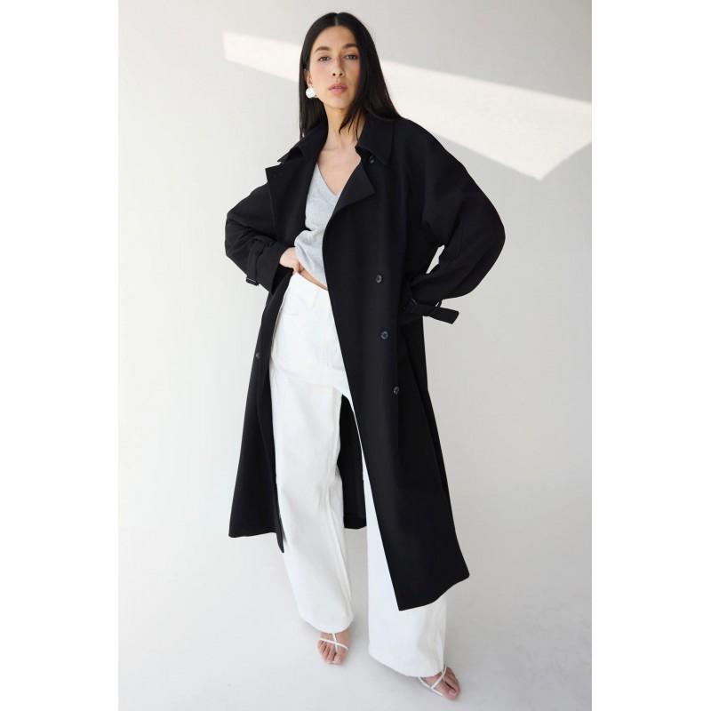 Doppelreihiger Trenchcoat für Damen mit Stehkragen, Taillengürtel, lockerer Passform, langer Länge, übergroße Oberbekleidung in einfarbigen Farben