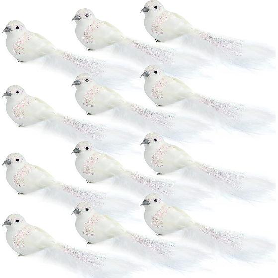 Ogrmar 12Pack Artificial Birds Ornaments Handmade Christmas Artificial Dove Birds with Sequins Clip on Christmas Tree for Xmas Tree Wreaths Garland