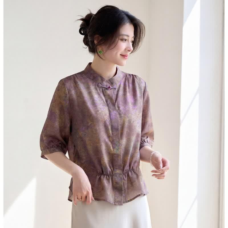 Oudeifu Elegant Chinese Style Floral Print Short-Sleeve Shirt