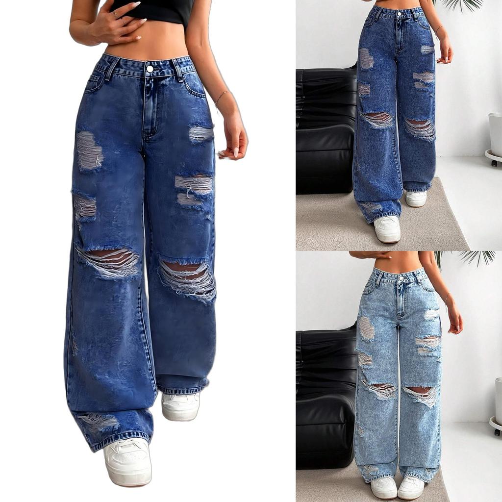 New Women's Street Style Solid Color Washed Wide Leg Jeans, Loose Fit Straight Denim Pants for Casual INS Fashion