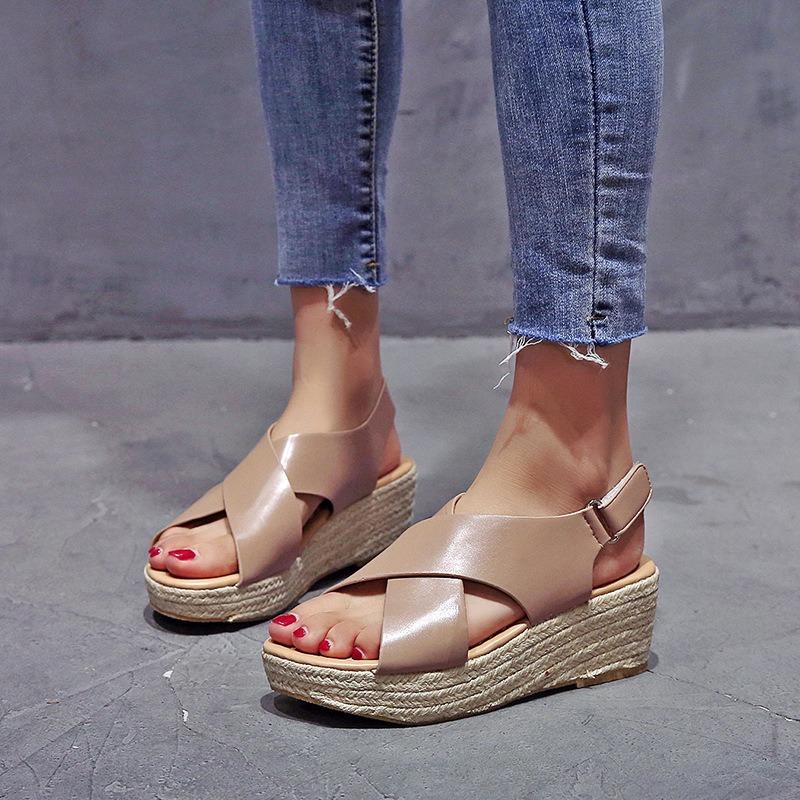 Large Size Flat-bottomed Muffin Platform Sandals Summer New Open-toed Woven Hemp Rope Wedge Sandals
