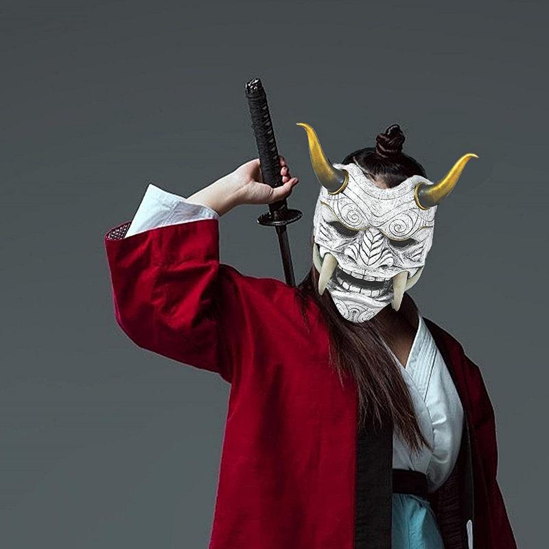 BEPAN Prajna Mask Demon Japanese Ghost Warrior Blue-faced Shura Ninja Full-face Script Kill Prop Male Halloween Costume