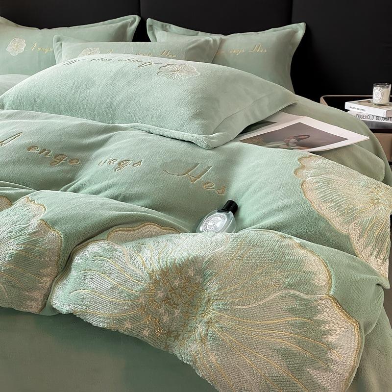 Four-piece Set of Embroidered Thickened Thermal Fleece Quilt Cover Sheets and Bedding