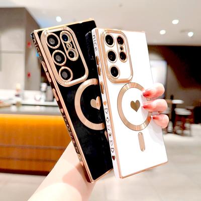 Plating Soft TPU Case For Samsung Galaxy S26 S25 S24 S23 S22 S21 Ultra Plus For Magsafe Magnetic Charge Love Heart Full Cover