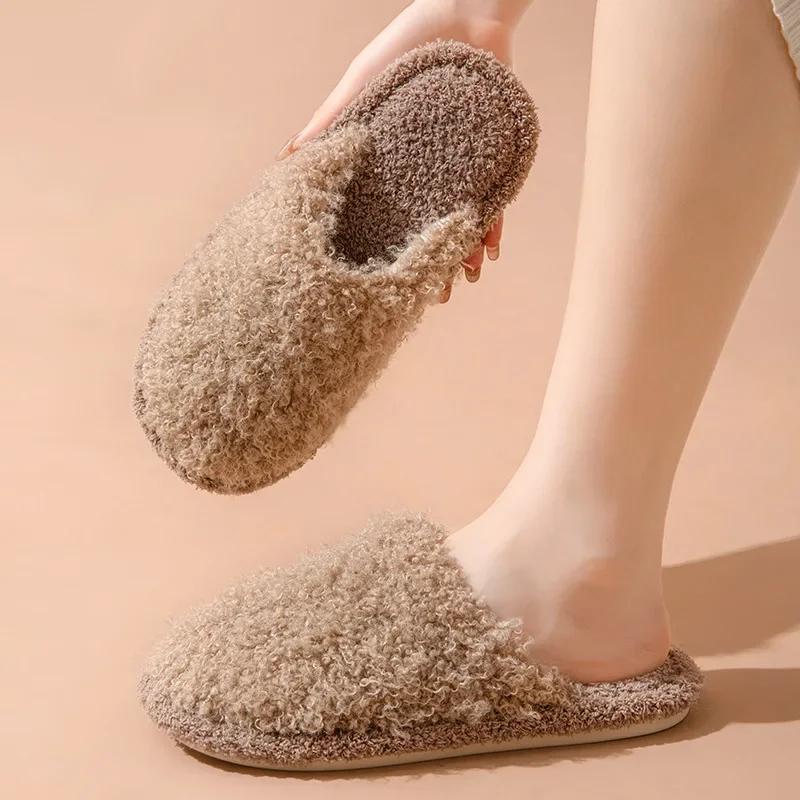 Fashion Women's Slippers 2024 New Autumn Winter Rolled Cotton Plush Flat Toe Comfort Warm Lightweight Home Flat Bottomed Cotton Slippers