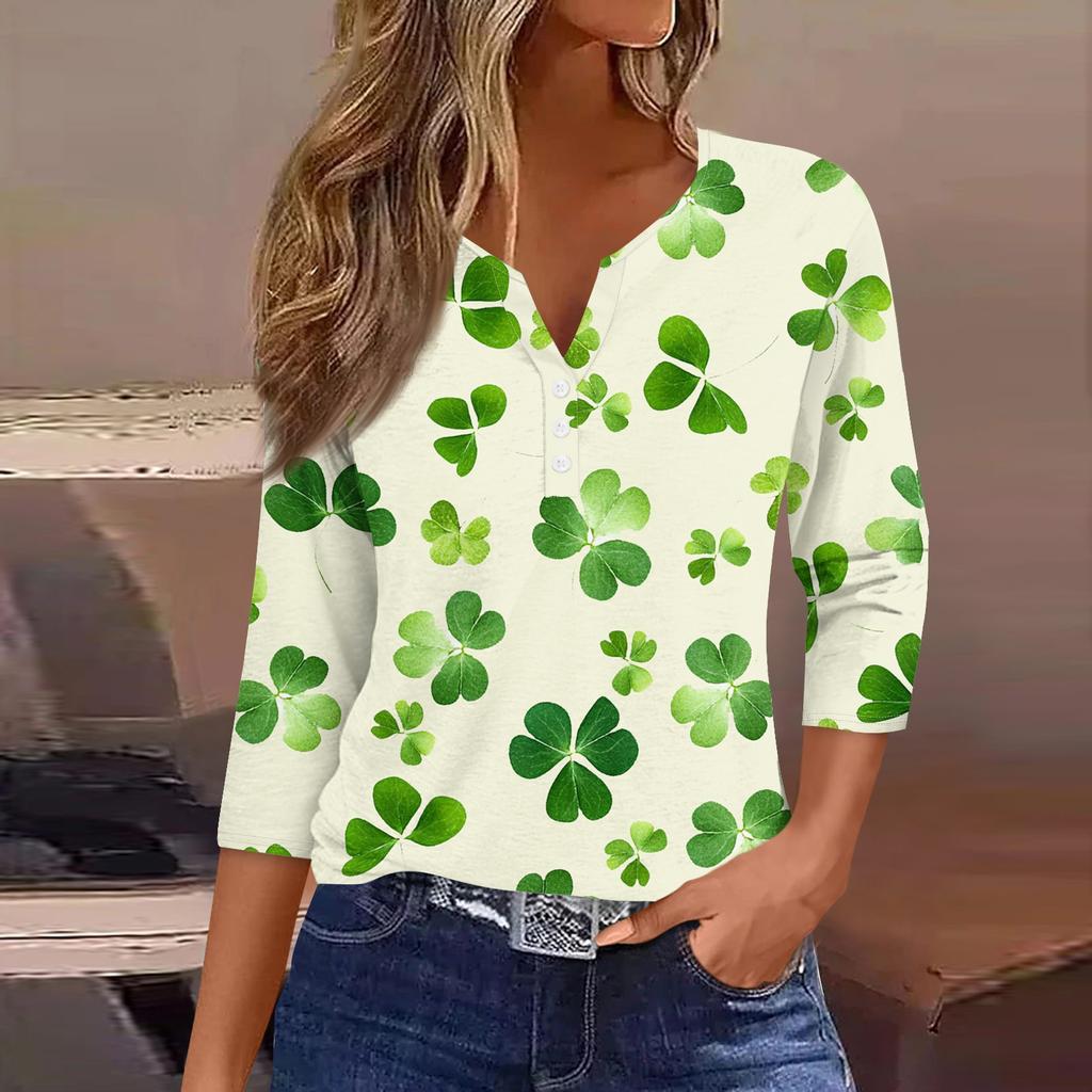 3/4-Ärmel-Shirts für Damen Niedliche Druck-Grafik-T-Shirts Blusen Lässige Blusen V-Ausschnitt Tunika-Tops St. Patrick's
