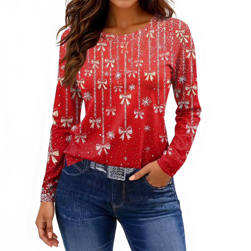 Women's Fashion Casual Slit Hem Round Neck Long Sleeve Loose Printed T-Shirt Ladies Top