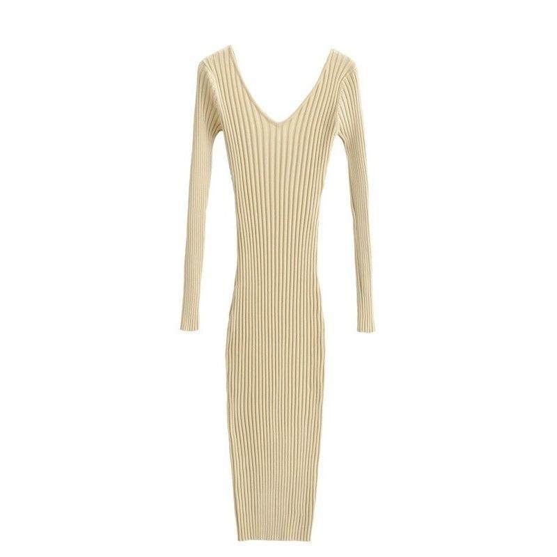 Pit Strip Large V-neck Knitted Dress with Coat Women's Autumn and Winter New Slim-fitting Long Sweater Bottoming Skirt