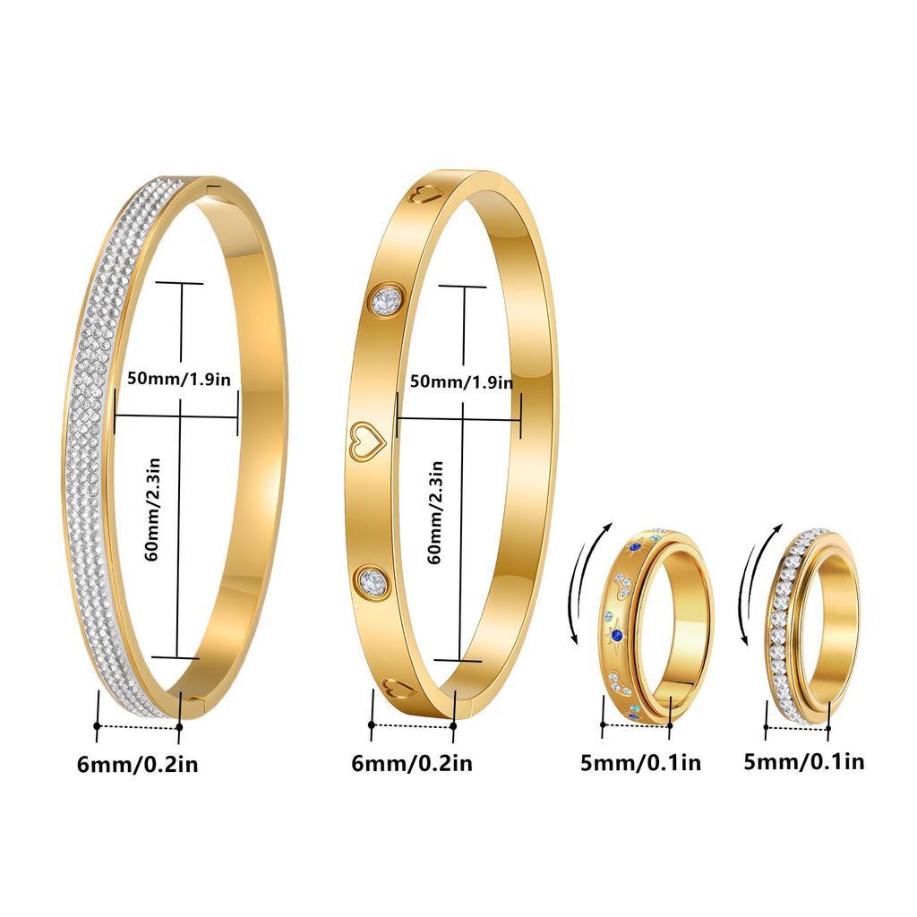 European & American Style Women's Diamond Design Stainless Steel Ring Bracelet Set - Light Luxury, Four-Piece Collection.