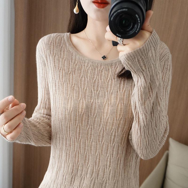 Women's Korean Style Loose Knit Pullover - Low Round Neck, Long Sleeve, Lightweight for Layering