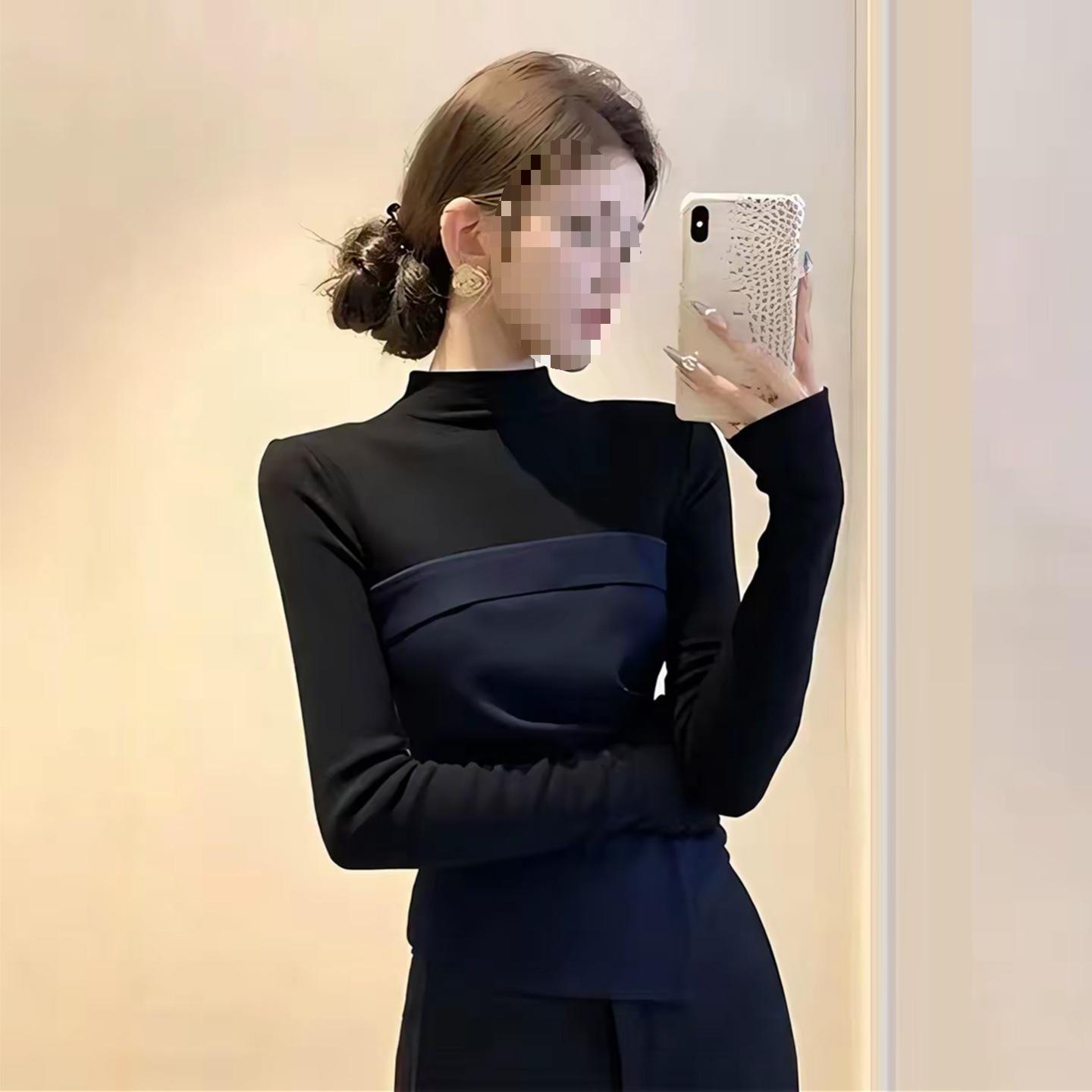 

Women s Slim-Fit Color Block Patchwork Two-Piece Long Sleeve T-Shirt with Irregular Half-High Collar for Winter XL (116-130 jin) чёрный