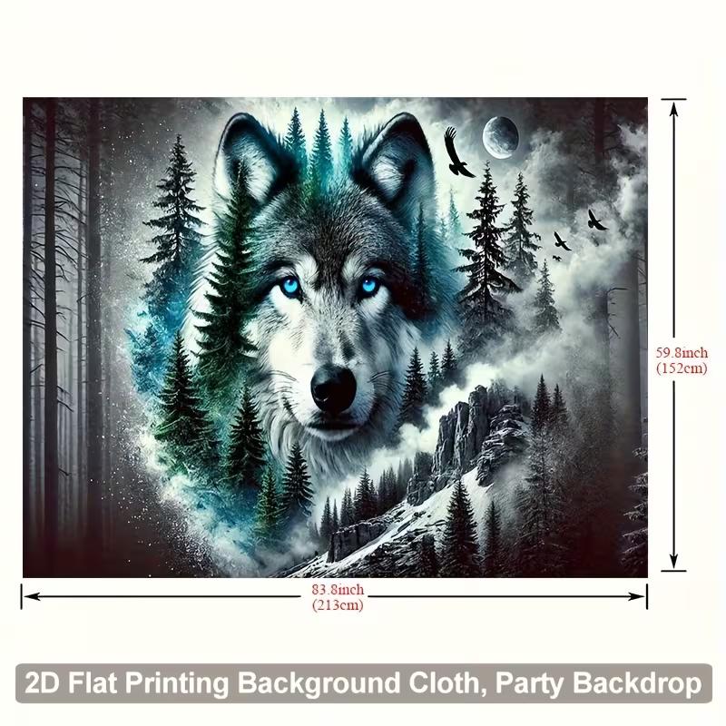 2D Blue Eyed Wolf Tapestry, Moonlit Forest Mountain Wall Hanging, Scenic Wildlife Decor