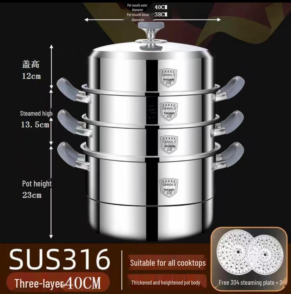 316 Stainless Steel Steamer Pot with Silicone Handle - Large Capacity Multi-layer Stew Basket