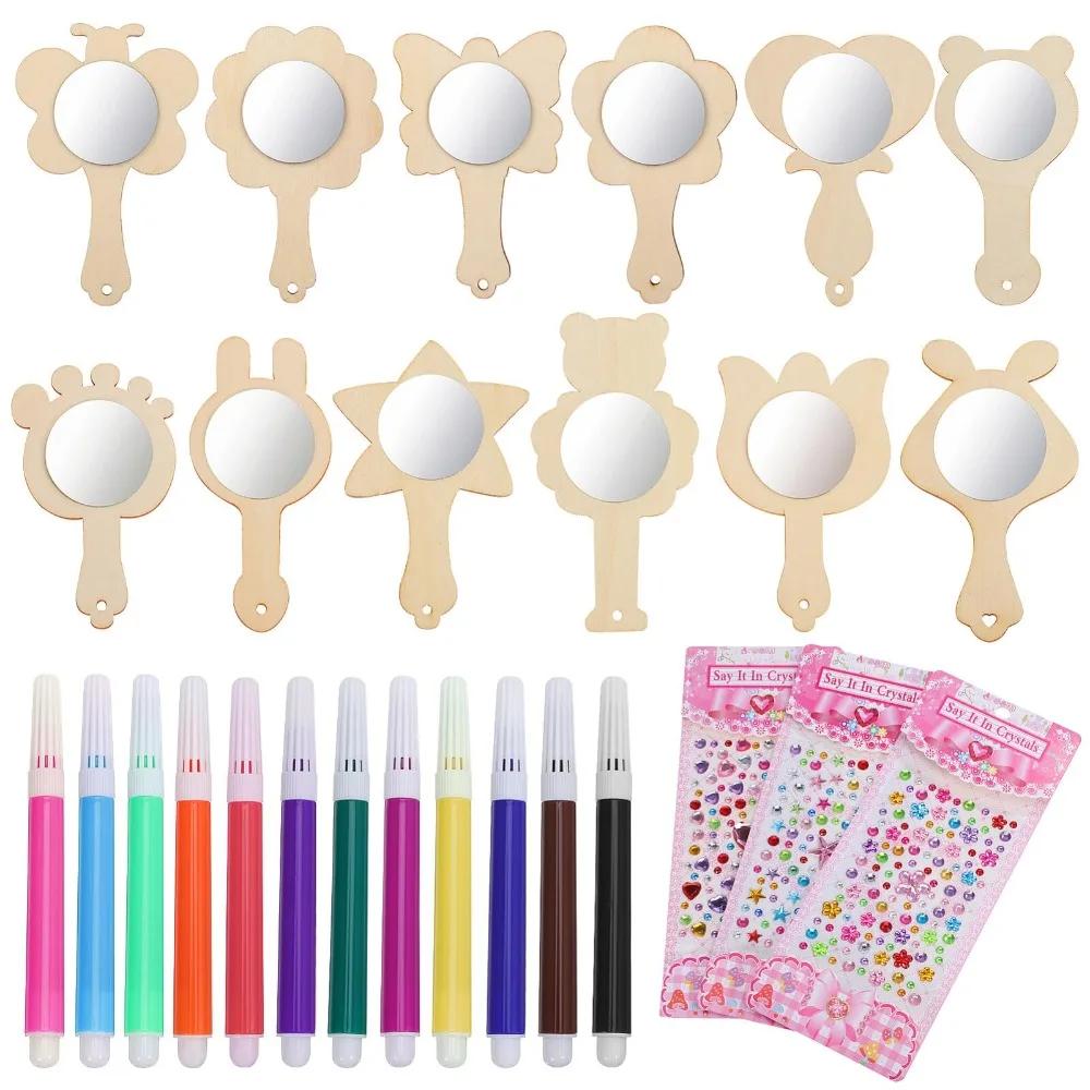 1 Set DIY Wooden Mirror Craft Unfinished Birthday Party Gift Kids Decorate Mirrors with Paintbrushes Princess Mirror Crafts