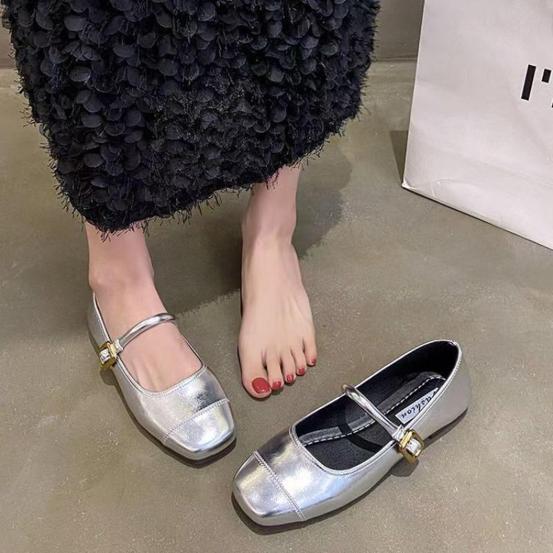 Silver Mary Jane Light Mouth Single Shoes Women's Autumn New Square Head Soft Sole Beanie Shoes