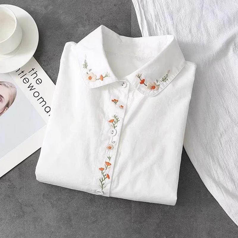 Pure Cotton White Shirts Women Turn Down Collar Embroidered Long Sleeve Button Casual Tops Girl's Blouse Spring and Autumn