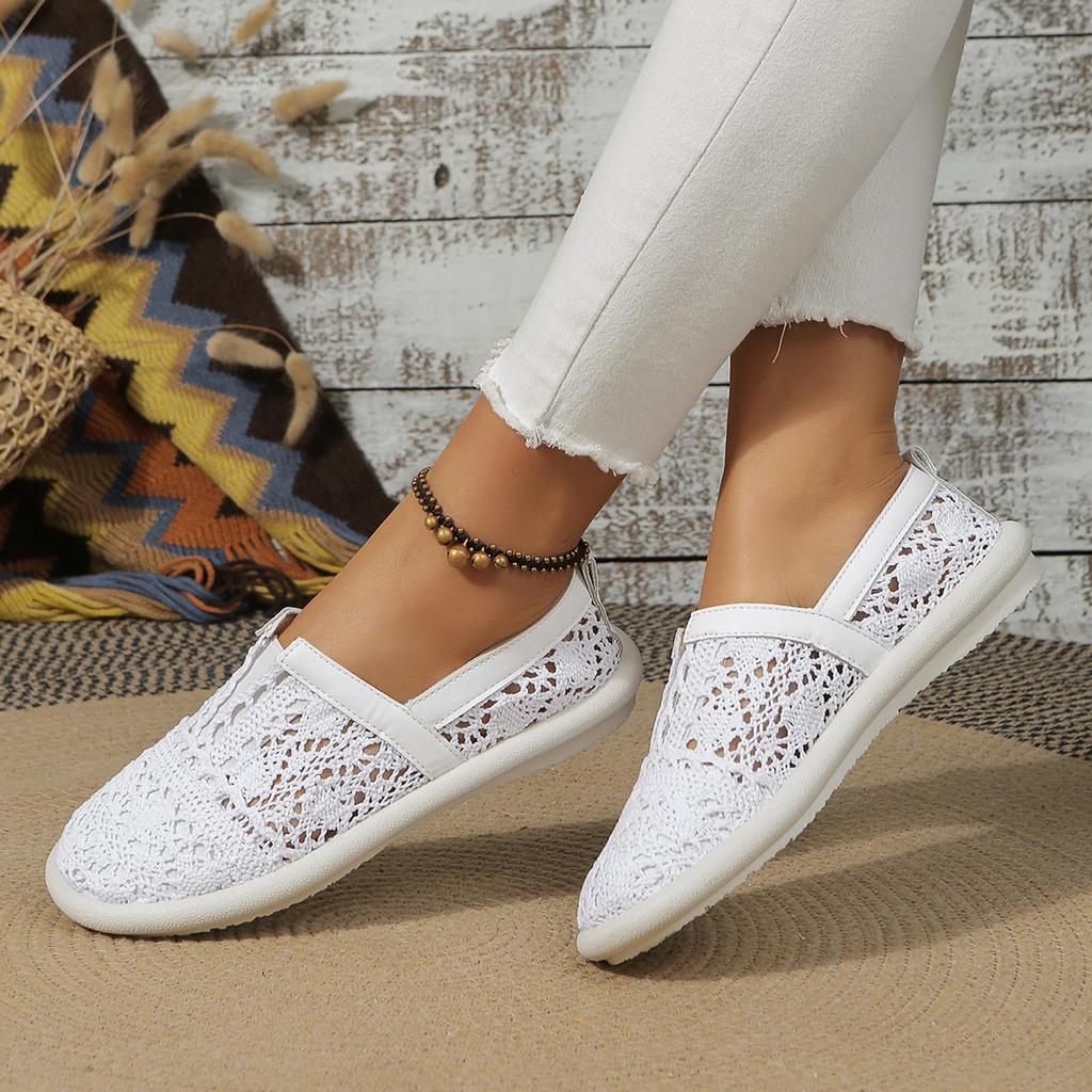 Ladies Casual Lace Shoes Hollow Out Breathable Soft Bottom Flat Casual Shoes White Female Footwear Walking Mesh Flat Sneakers