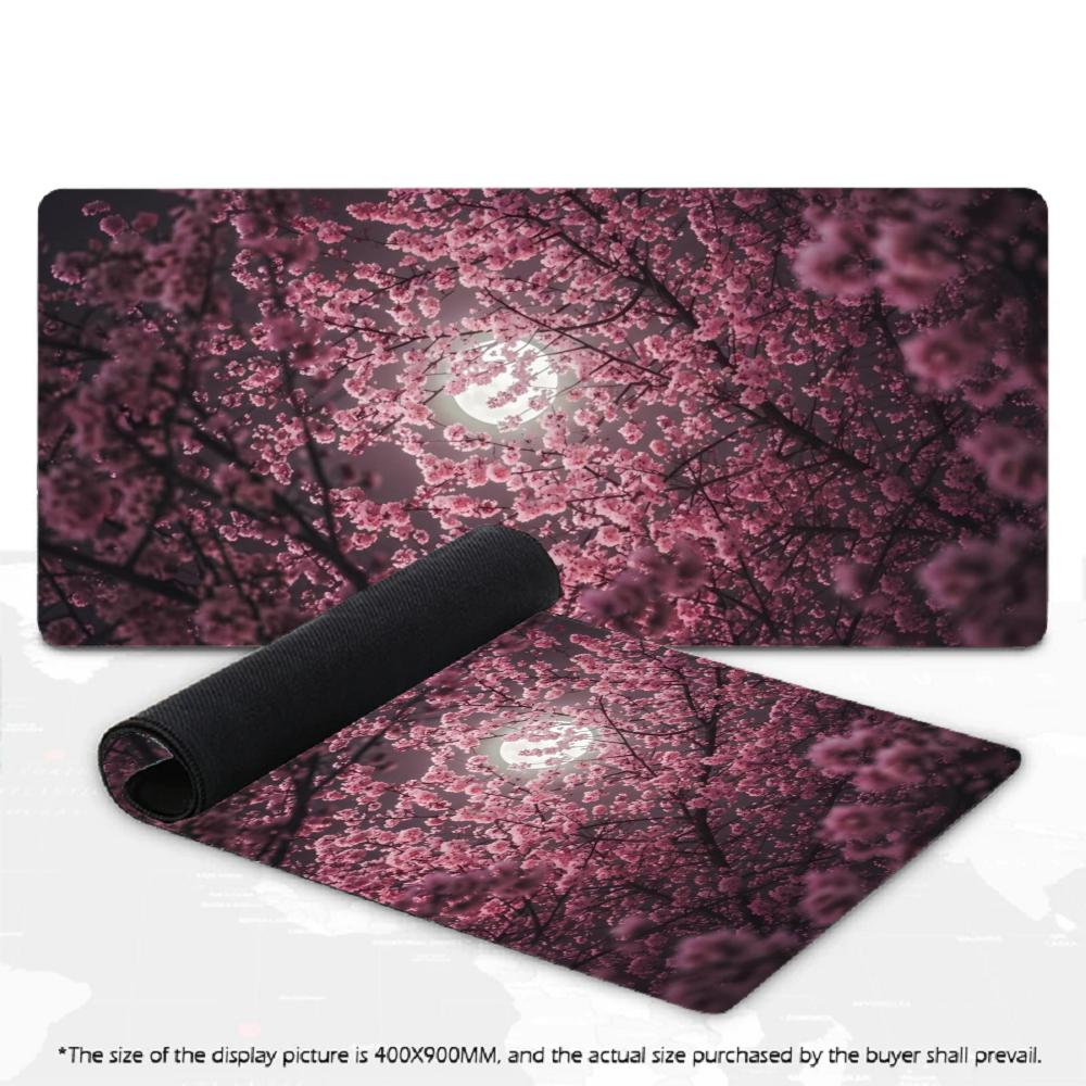 Large XXL Mousepad Cherry Blossom Falling Petals Full Moon Art Deskpad Overlock Stitched Non‑Slip Rubber Keyboard Mouse Mats