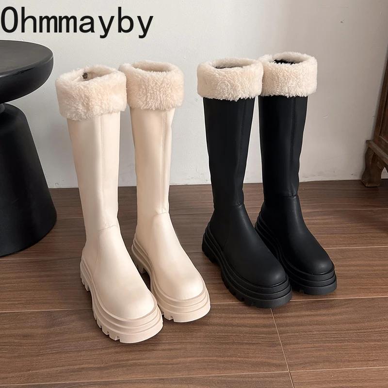 Zimní Teplé Plyšové Dámské Rytířské Dlouhé Boty Módní Platforma Kozačky po Koleno Stručné Hranaté Podpatky Boty