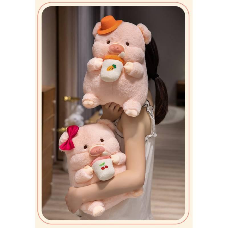 Fruit Tea Milk Hat Bow Pig Plush Toy Animal Stuffed Doll Decoration Kids Gift