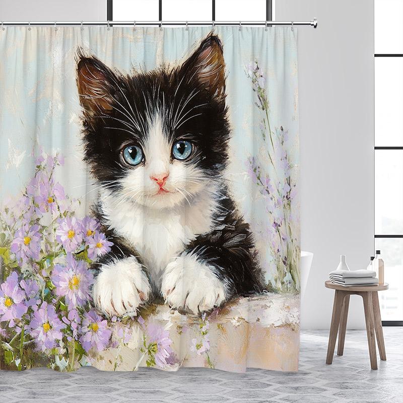 Vtipný černý kočka sprchový závěs Roztomilé zvířata Květiny Bonsai Polyesterová tkanina domů Koupelna Dekorativní závěsy do vany s háčky