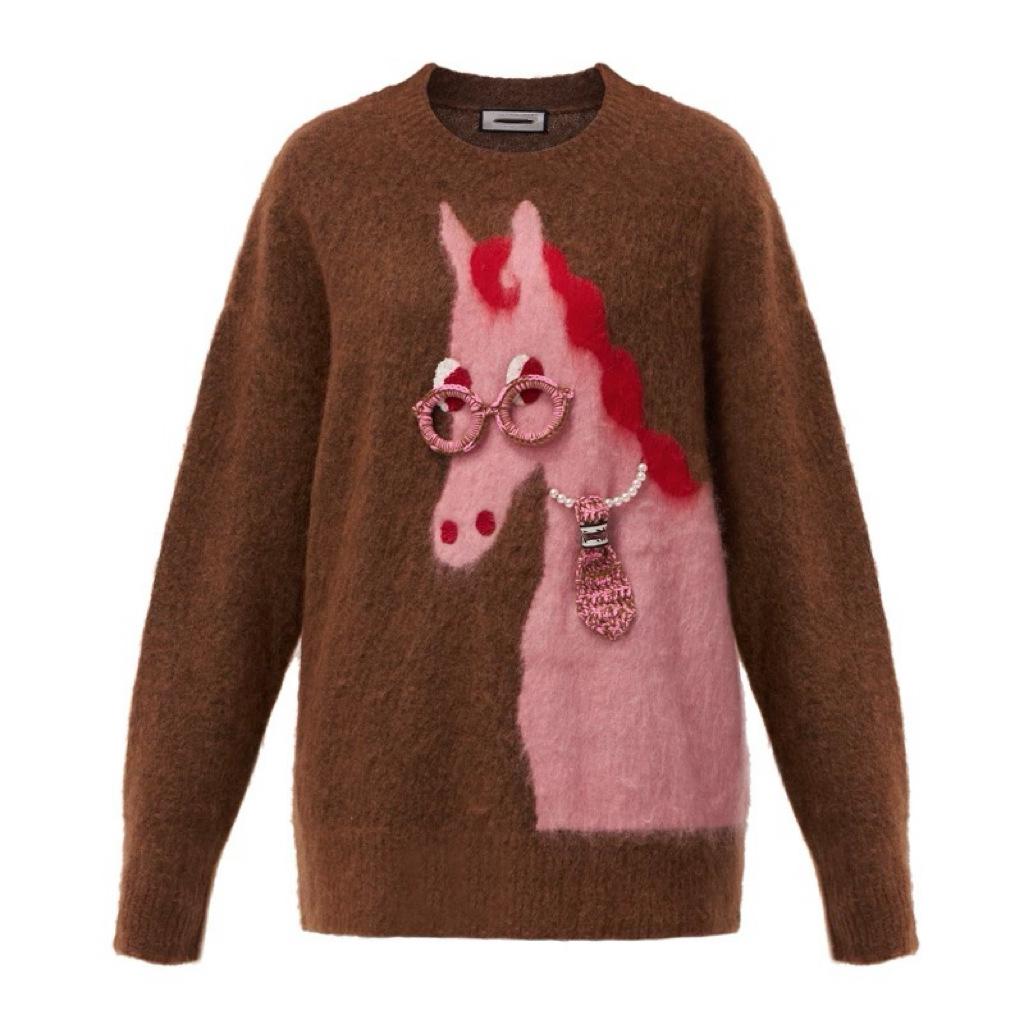 Festive Zodiac Little Horse Jacquard Sweater: Women's Stylish Loose Knitwear for Autumn and Winter