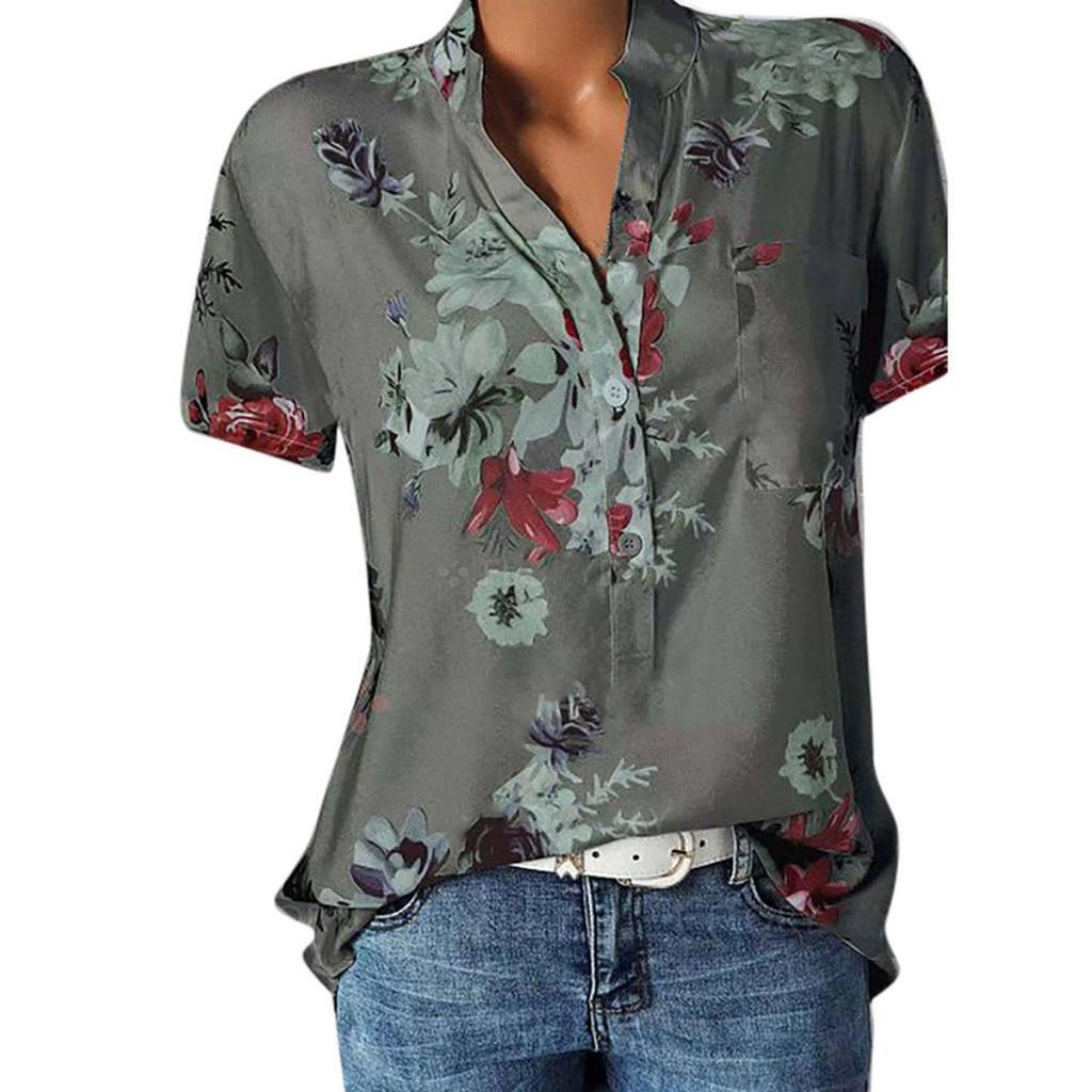 Women's Fashion Printed V-neck Short Sleeve Blouse, 10 Colors 8 Sizes Available Casual Summer Top