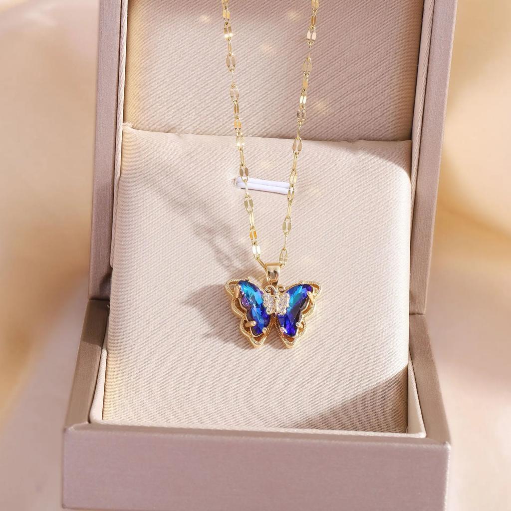 Colorful Zircon Butterfly Pendant Necklaces for Women Girls Stainless Steel Trendy Romantic Jewelry Accessories Gifts