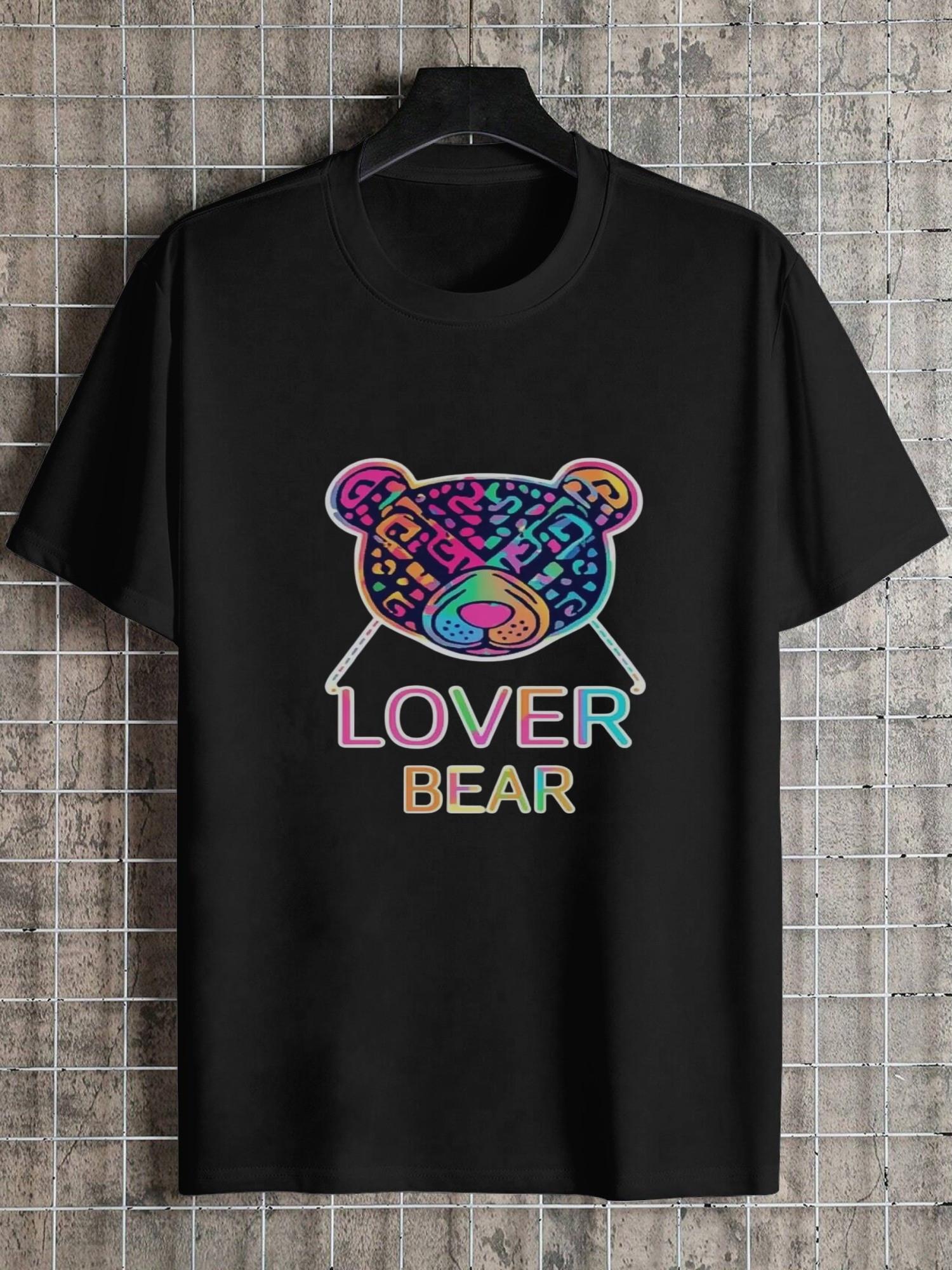 1pc Vintage Geometric Graphic T-shirt - Black 180g Cotton Crew Neck Short Sleeve Tee with Rainbow Bear & LOVER BEAR Print XXXXL