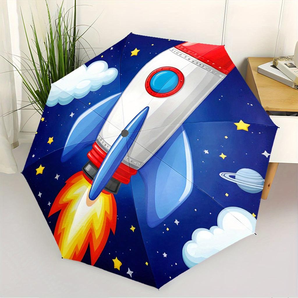 Opening/Closing Folding Umbrella with Rocket & Space - Self-Opening/Closing, Portable Compact Umbrella Suitable for s &, Holid