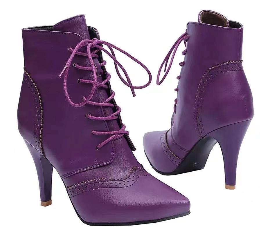 Nové evropské a americké módní všestranné retro duté hořící květinové přední šněrovací dámské kotníkové boty na vysokém podpatku