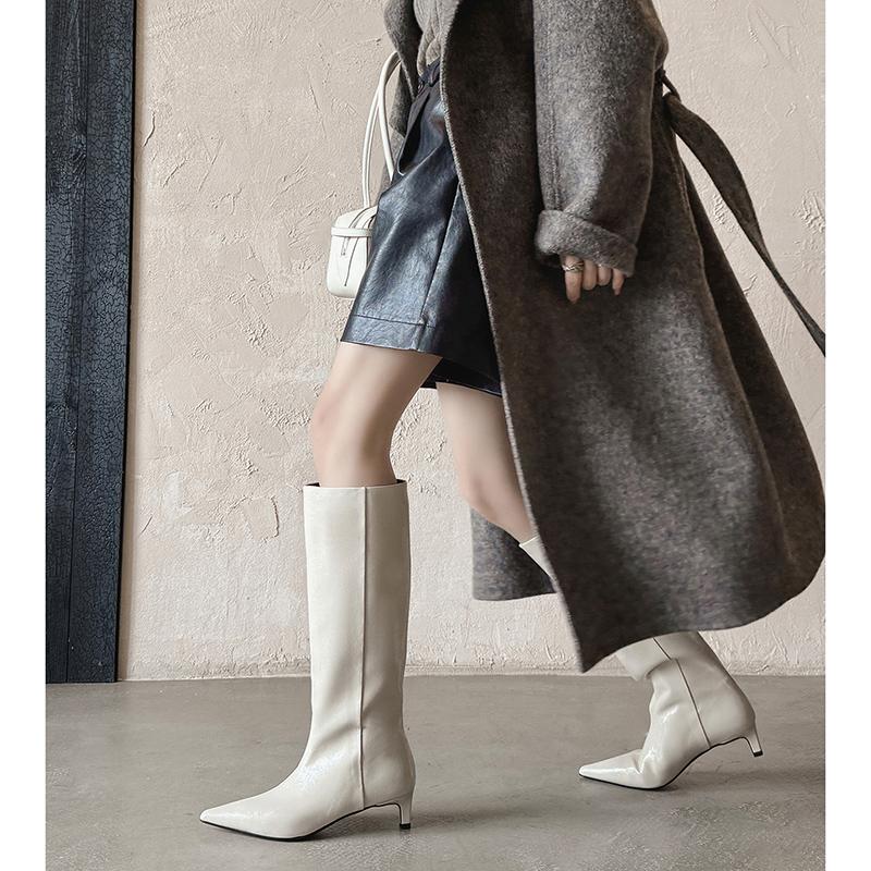 Autumn Women Boots Split Leather Women Shoes Pointed Toe Chunky Heel Slip-On Knee High Boots Western Modern Ladies Boots