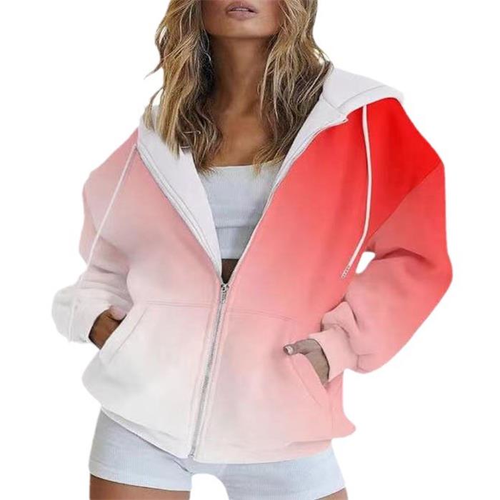 Women's Sweatshirt Autumn Gradient 3D Printed Casual Long Sleeve Zipper Hooded Sweatshirt Clothes Sale