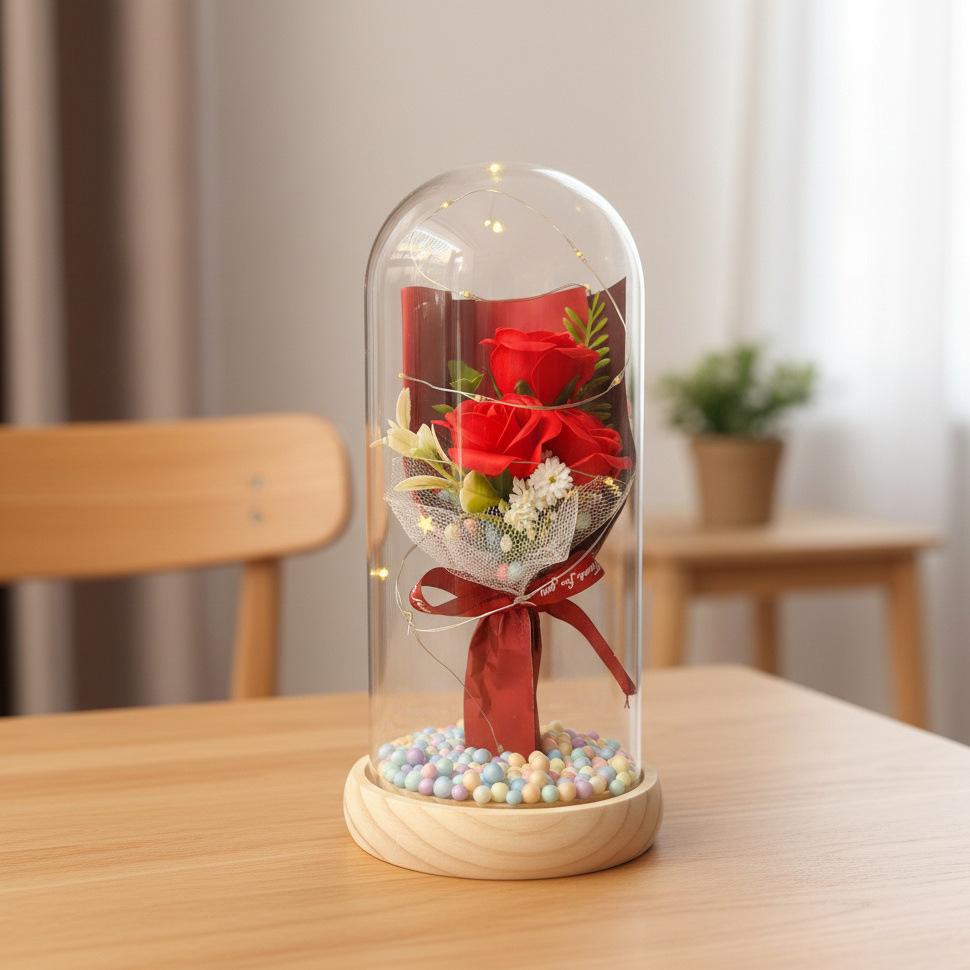 1 Artificial Rose Immortal Flower Bouquet Glass Cover Soap Flower Qixi Festival Valentine's Day Gift Creative Christmas Gift