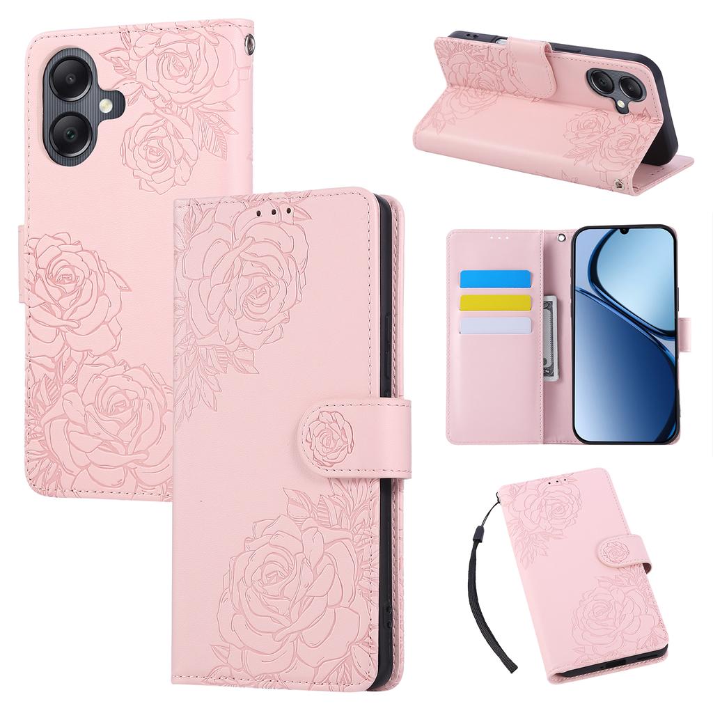 For Samsung Galaxy A07 4G/A06 4G/A06 5G Case Rose Flower PU Leather Wallet Phone Cover with 3 Card Slots/Wrist Strap