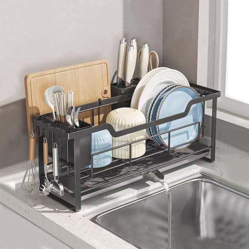 Mamakura Slim Dish Drainer, Fits Next To the Sink, 16.4cm Deep X 46.6cm Wide X 21.4cm High, Kitchen Dish Drainer, Dish Drying Rack, Black