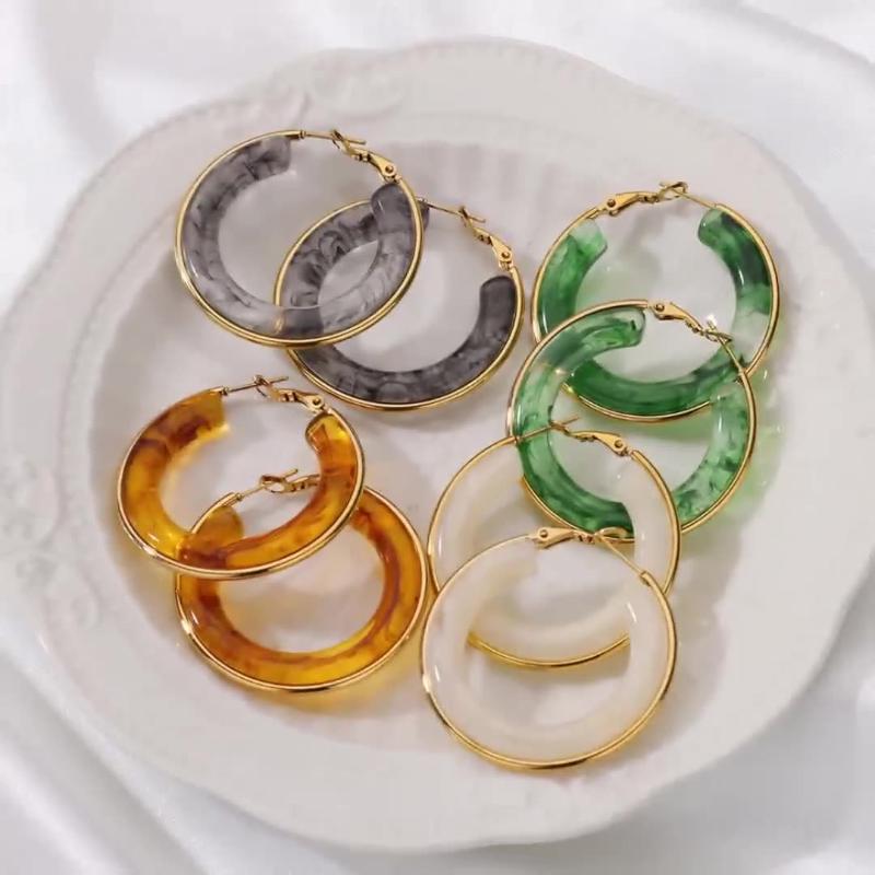 European And American Exaggerated Gradient Color Retro Style Temperament C-Shaped Resin Earrings Stainless Steel Hoop Earrings