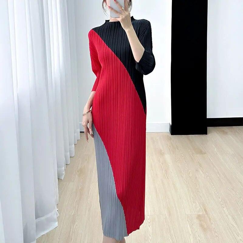 Dresses for Women, Spring Summer Slimming, Color Blocking Straight Tube Skirts, Elegant Temperament, Round Neck Pleated Skirts