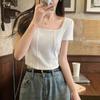Irregular fishbone slim short t-shirt for women with square neck, right shoulder, pure lust hot girl summer short-sleeved top